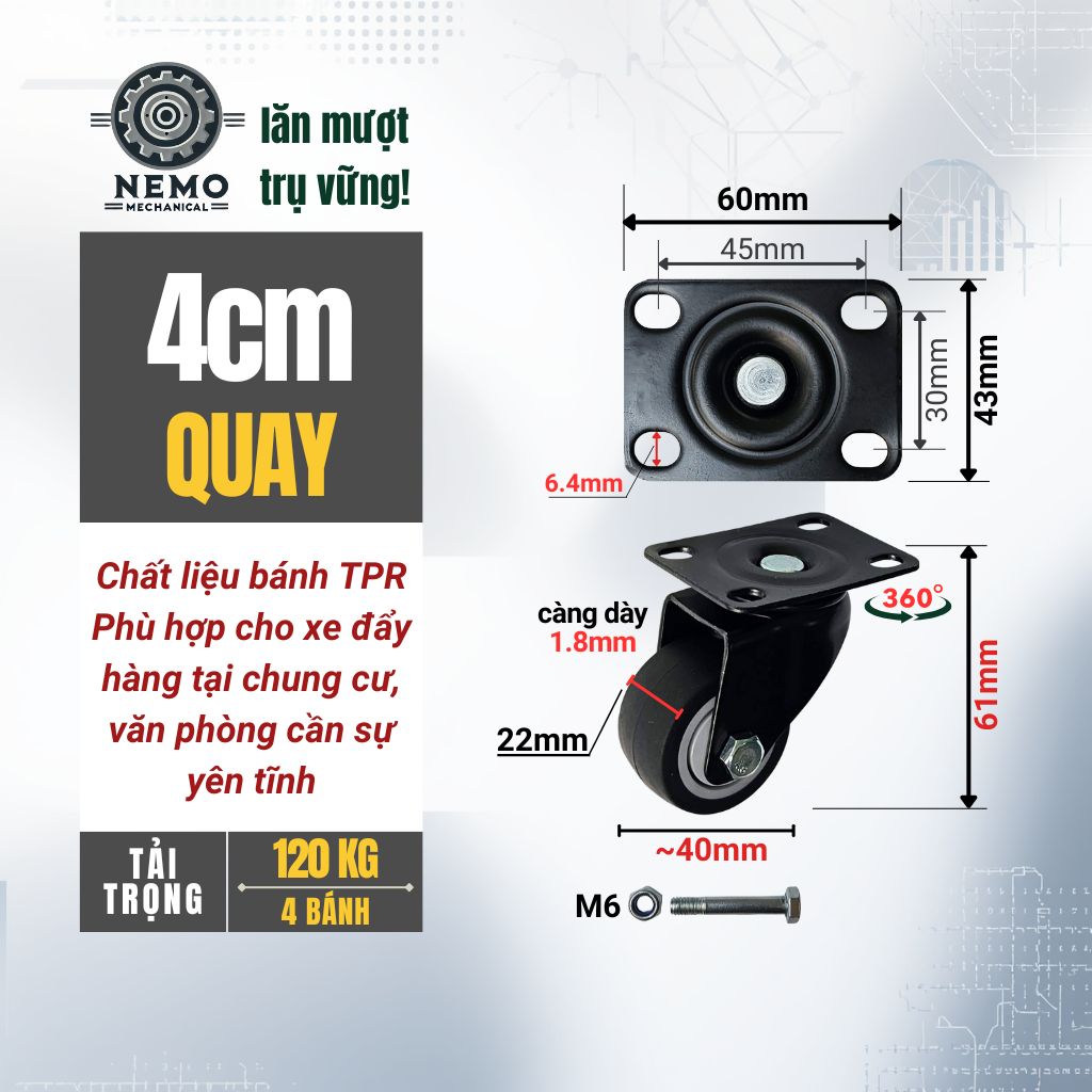Bánh Xe TPR Chống Ồn Tải Cao – Càng Thép Sơn Tĩnh Điện Đen (D40, D50)
